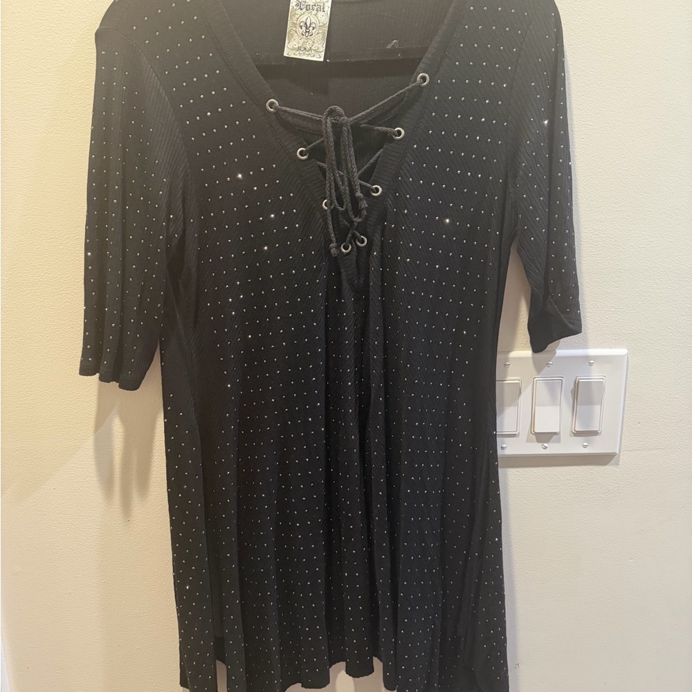 Vocal Black Lace-Up Short Sleeve Top